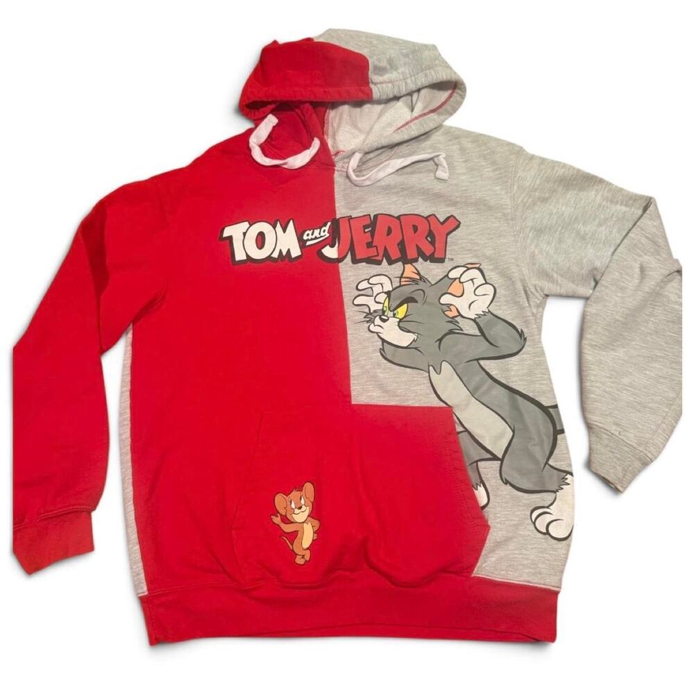 Tom and Jerry Color Block Hoodie Youth Large Red Gray Cartoon Pullover